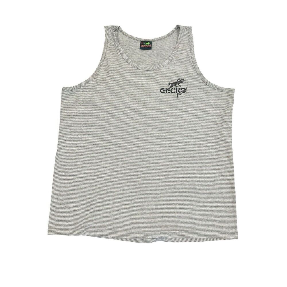 Vintage Gecko Hawaii Tank Top Mens XL 90s Grey w/Stripes Tribal Made In USA